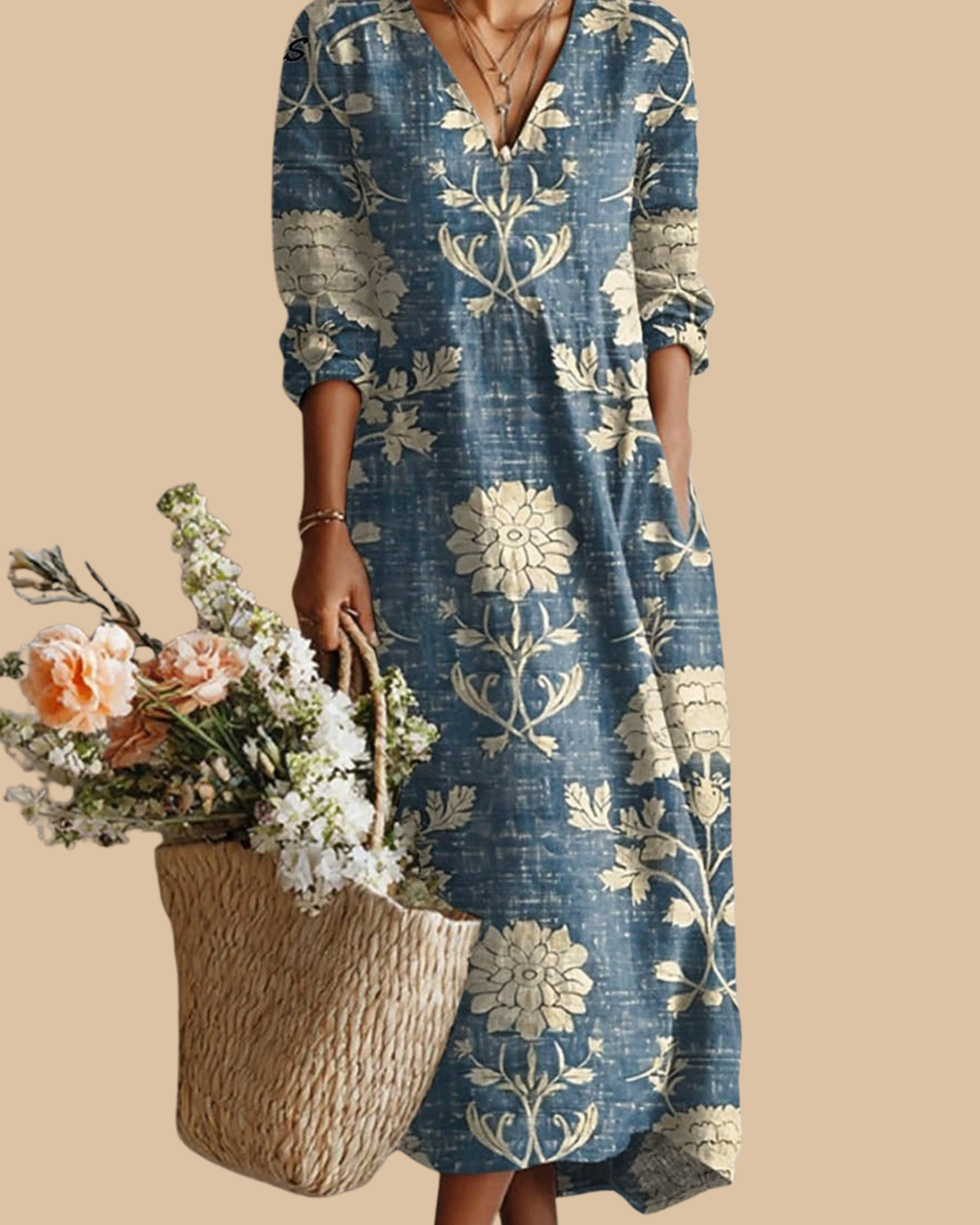 Dress Notch V-Neck Long Sleeve Vintage Floral Print Shift Maxi Dress