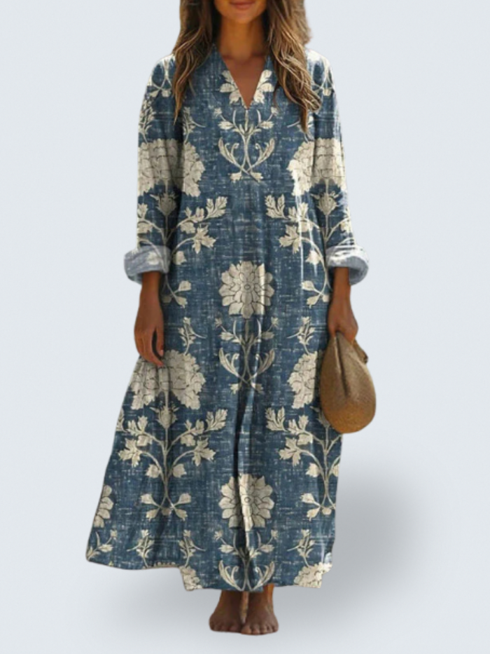 Split Neck Floral Print Long Sleeve Loose Linen Maxi Dress