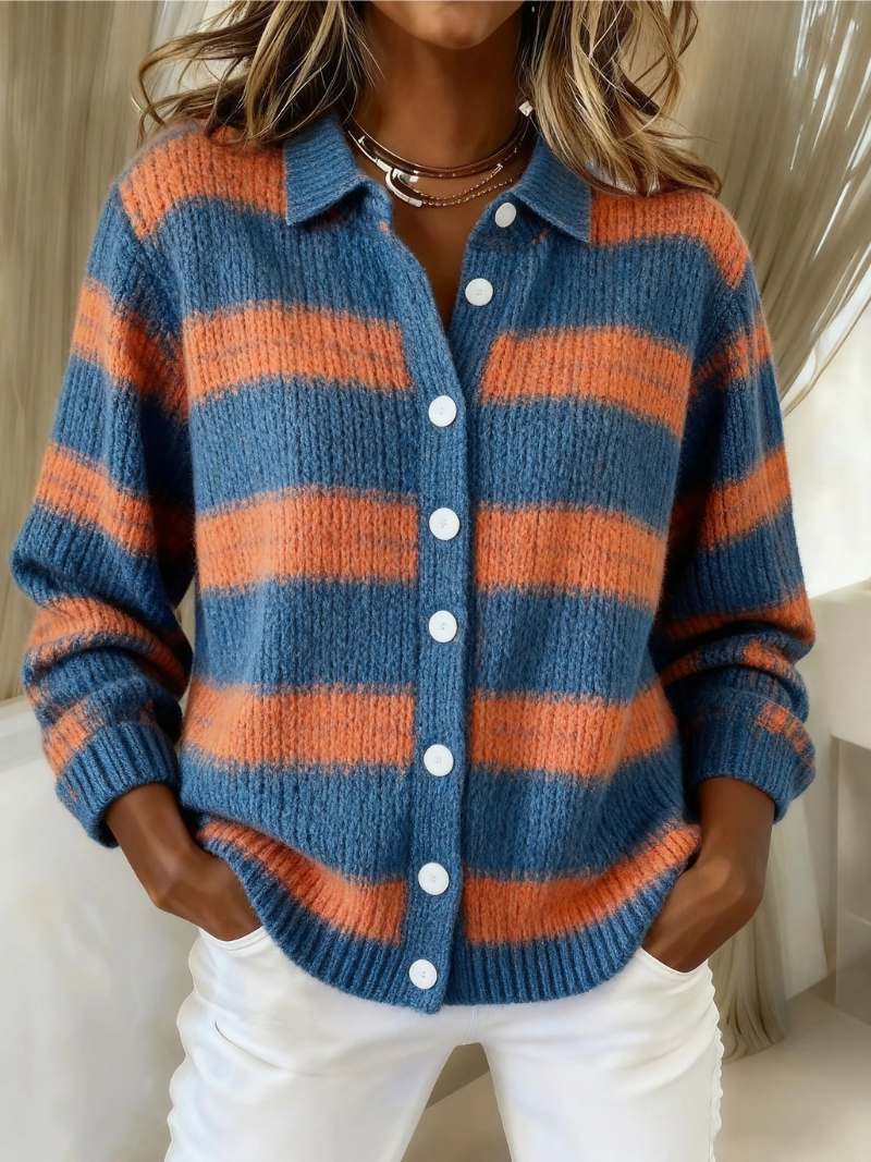 Multicolored Collared Button Front Long Sleeve Striped Knit Cardigan
