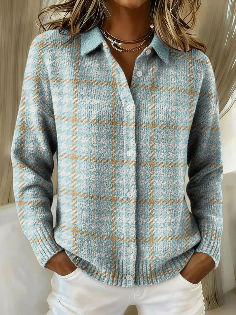 Multicolor Collared Button Front Long Sleeve Houndstooth Knit Shirt