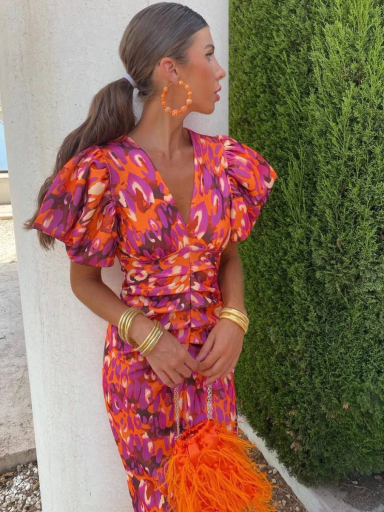 V-Neck Abstract Print Puff Sleeve Ruched Bodycon Midi Dress