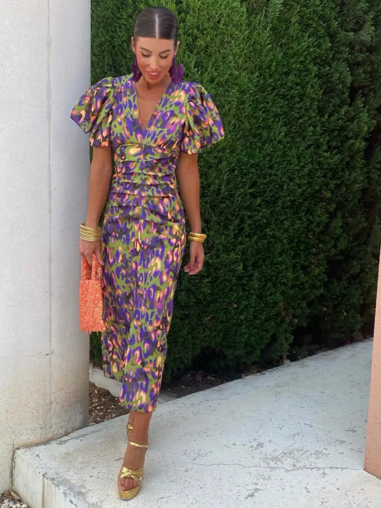V-Neck Abstract Print Puff Sleeve Ruched Bodycon Midi Dress