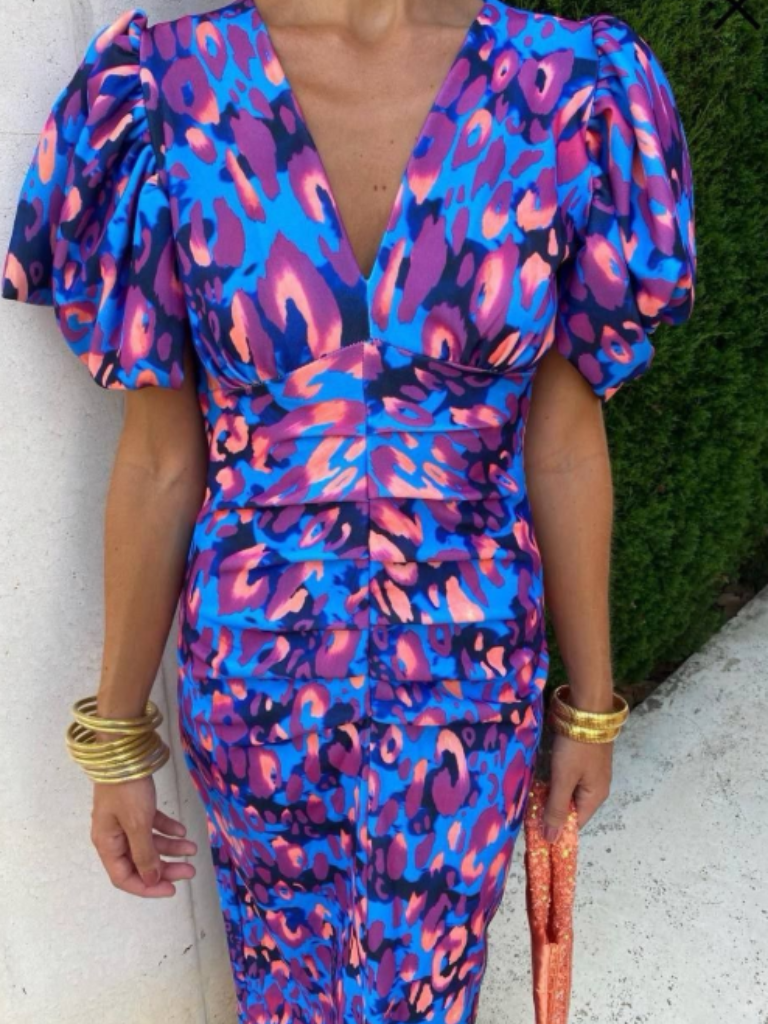 V-Neck Abstract Print Puff Sleeve Ruched Bodycon Midi Dress