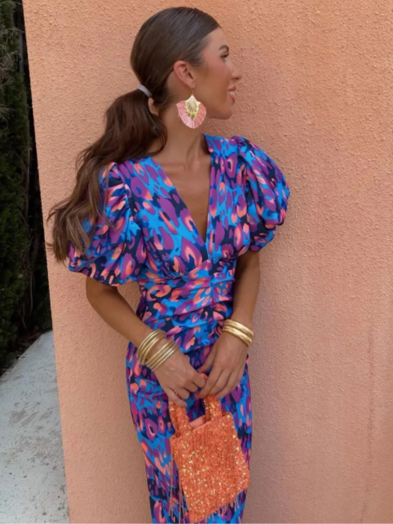 V-Neck Abstract Print Puff Sleeve Ruched Bodycon Midi Dress