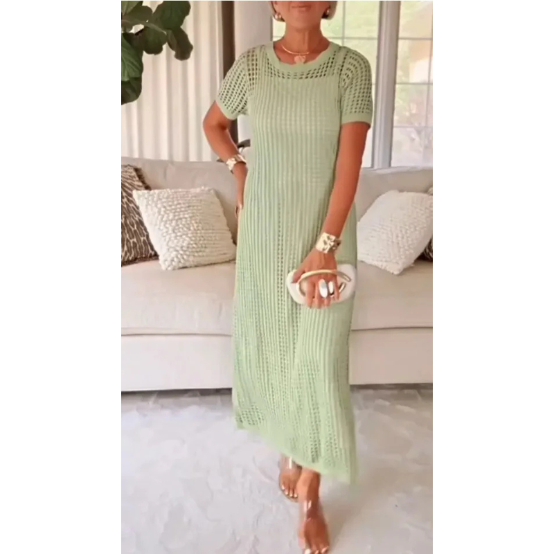 Round Neck Crochet Knit Short Sleeve Column Maxi Dress