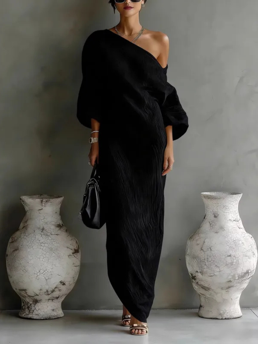 Asymmetric One Shoulder Crinkle Linen Long Sleeve Loose Maxi Dress