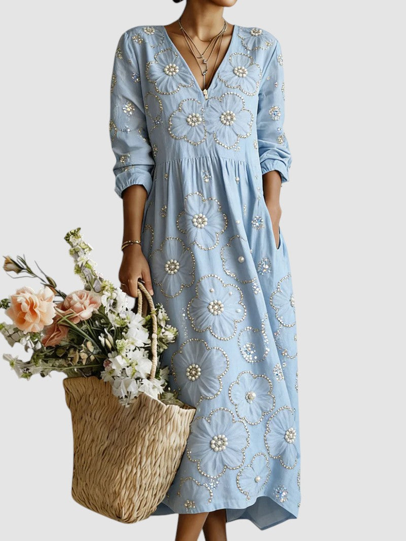 V-Neck Long Sleeve Pearl Beaded Floral Empire Waist Midi Dress