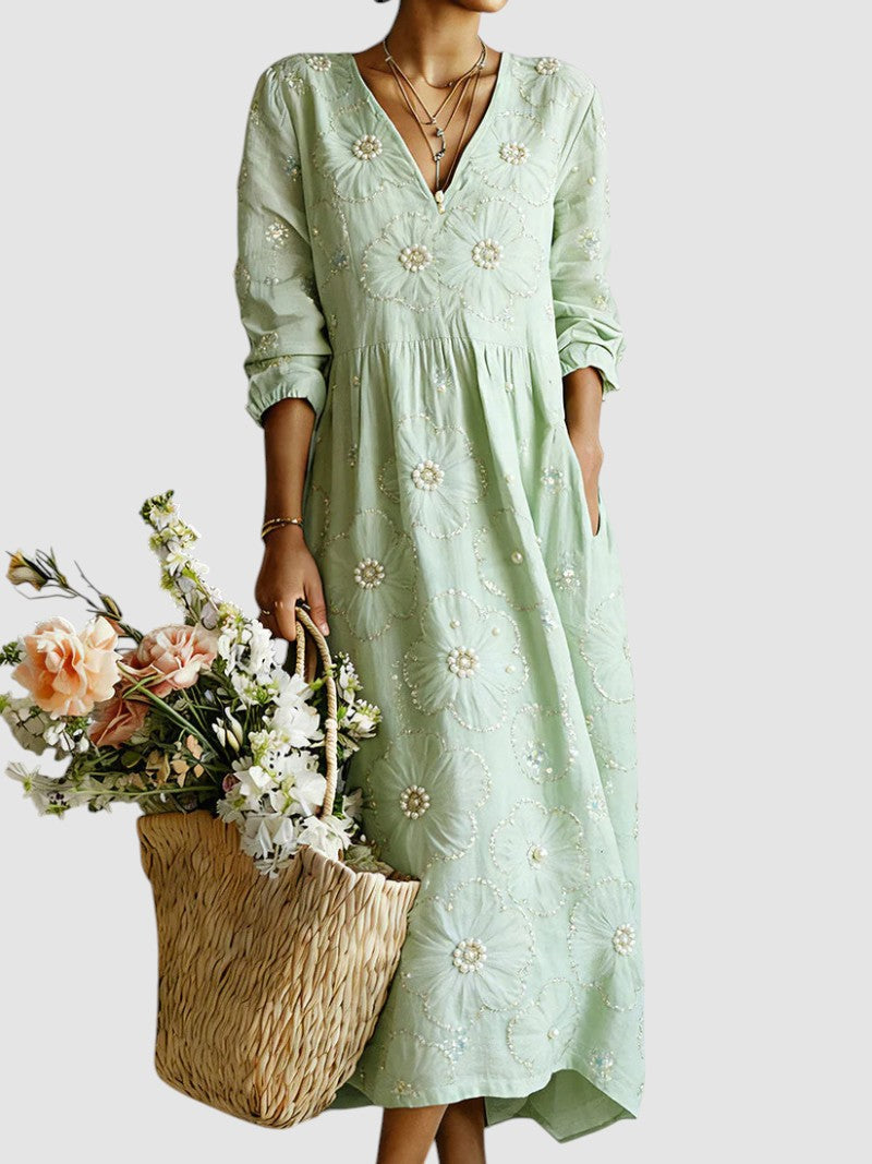 V-Neck Long Sleeve Pearl Beaded Floral Empire Waist Midi Dress