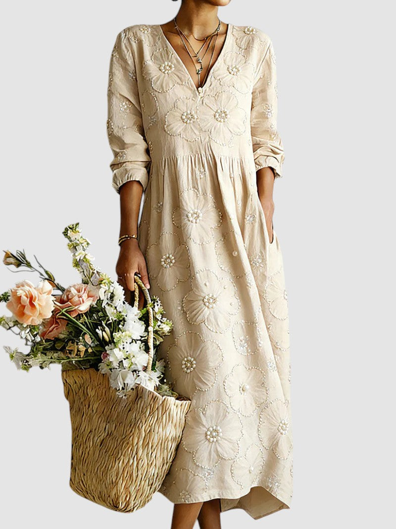 V-Neck Long Sleeve Pearl Beaded Floral Empire Waist Midi Dress