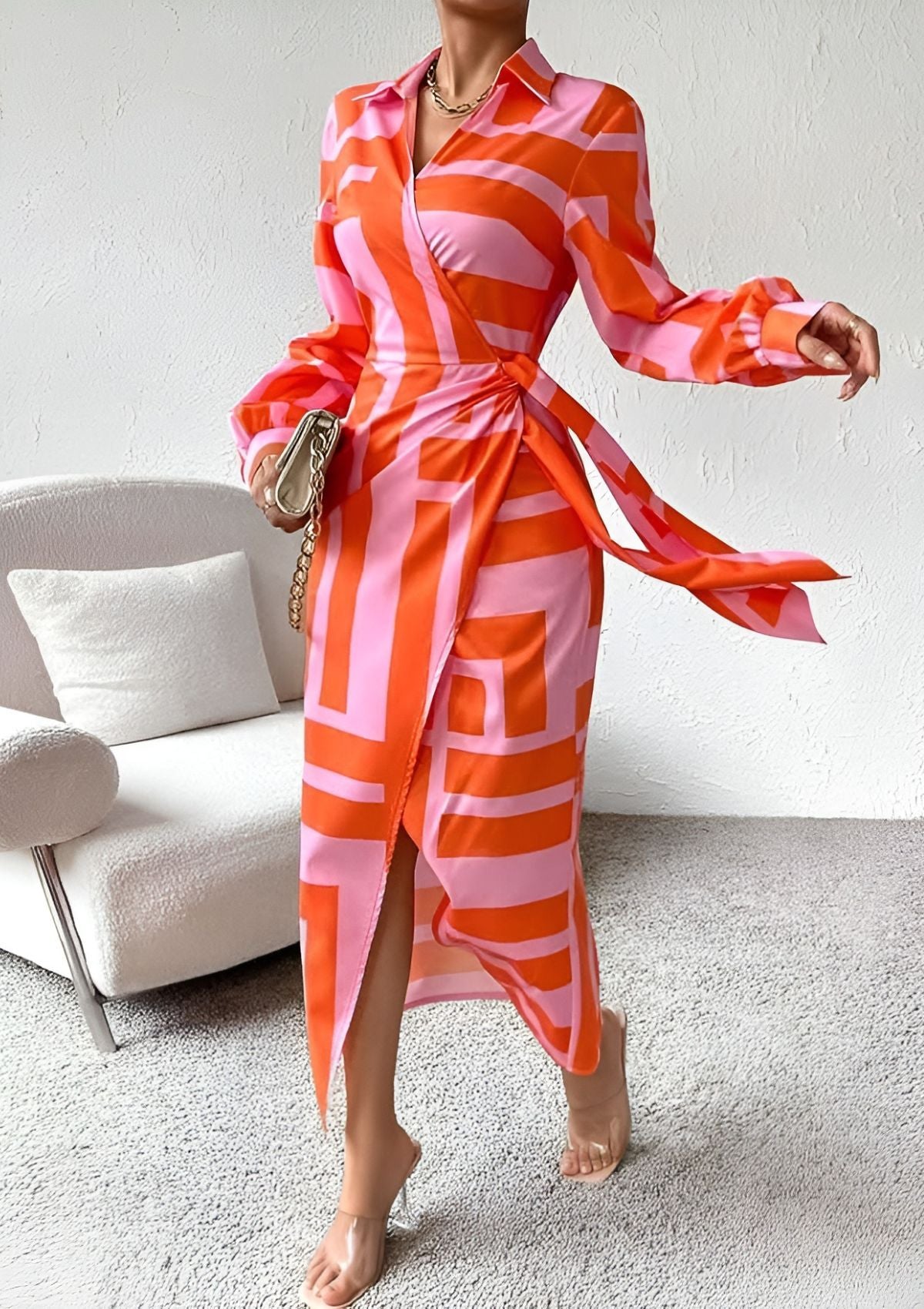 Collared Geometric Print Long Sleeve Tie Waist Wrap Midi Dress