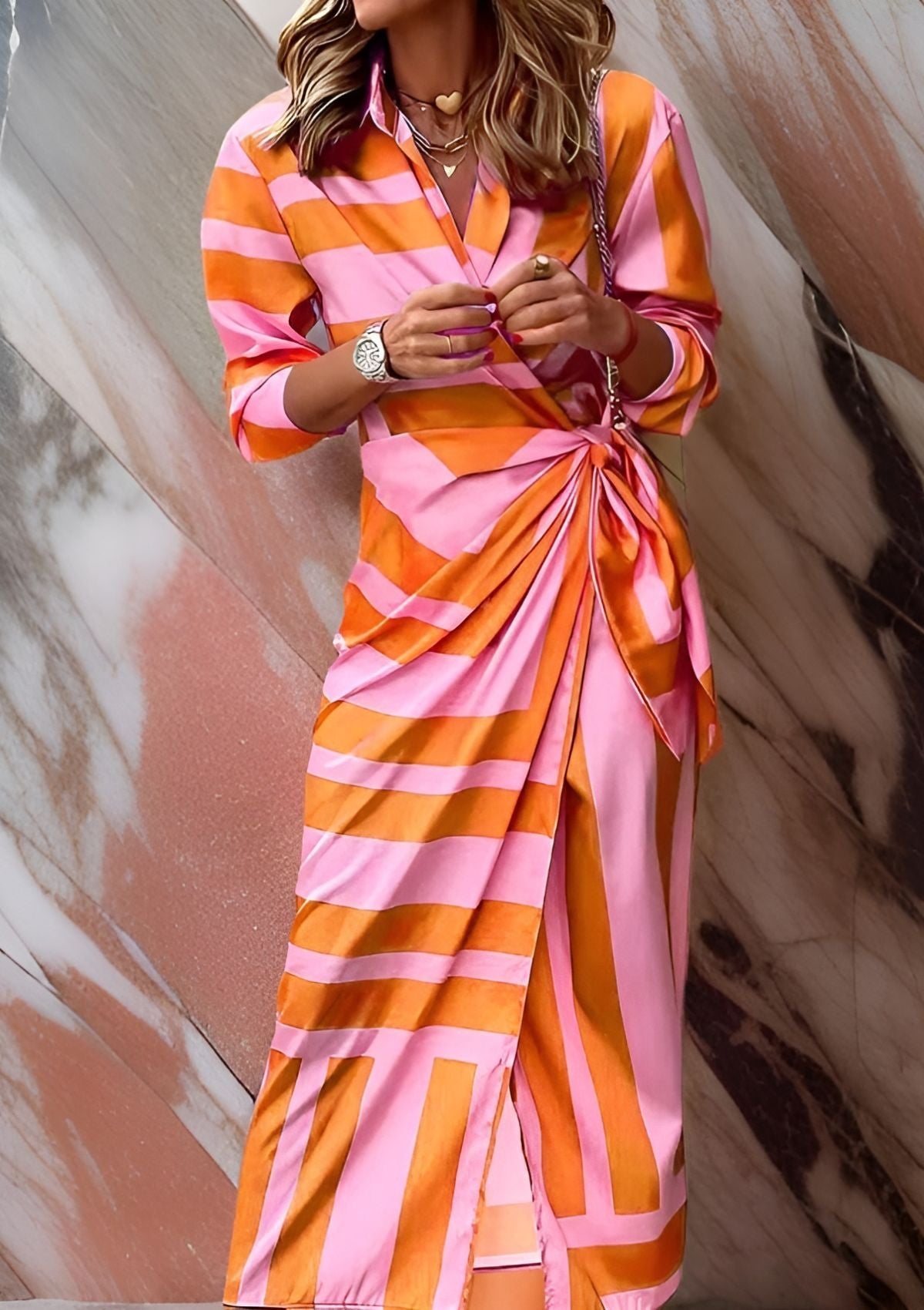 Collared Geometric Print Long Sleeve Tie Waist Wrap Midi Dress 2