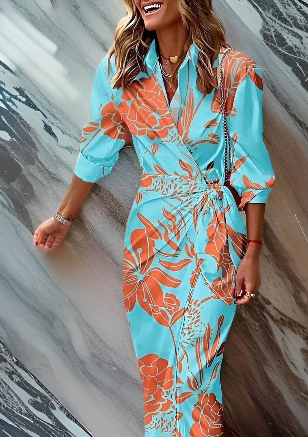 Collared Geometric Print Long Sleeve Tie Waist Wrap Midi Dress 10