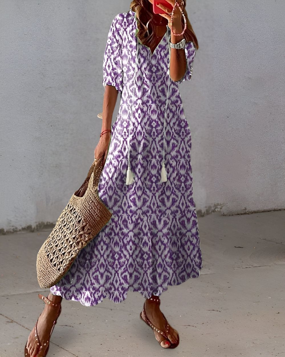 V-Neck Tassel Tie Half Sleeve Ikat Print Flowing A-Line Maxi Dress 3