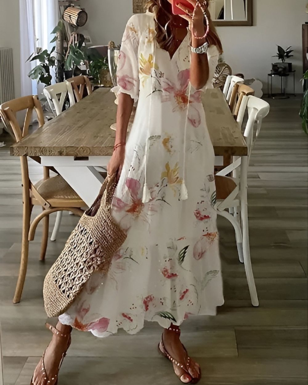 V-Neck Tassel Tie Half Sleeve Ikat Print Flowing A-Line Maxi Dress 6