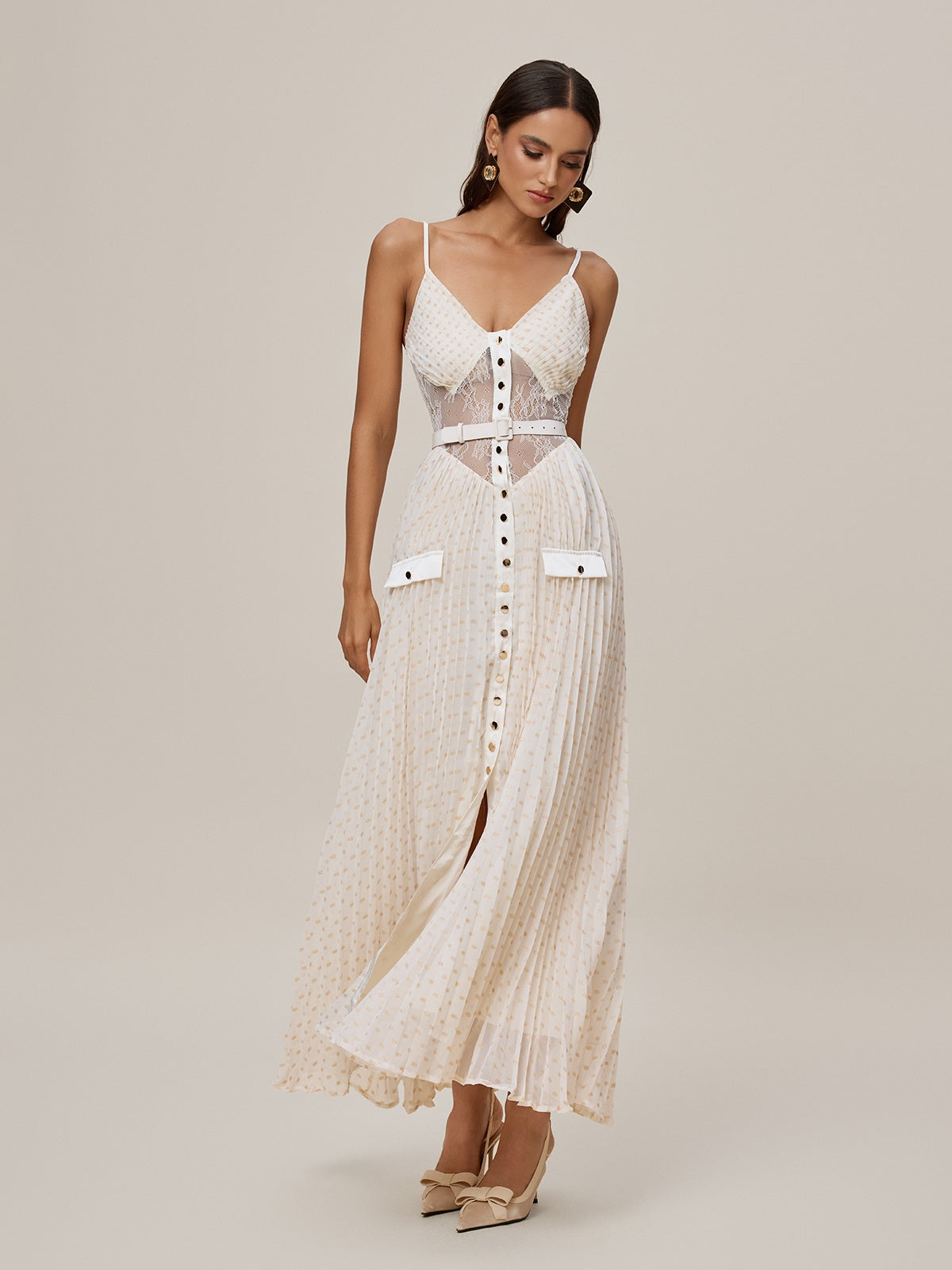 Spaghetti Lace Button Maxi Dress