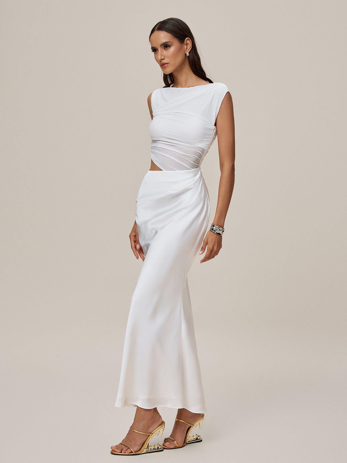 Sleeveless Cutout Ruched Maxi Dress