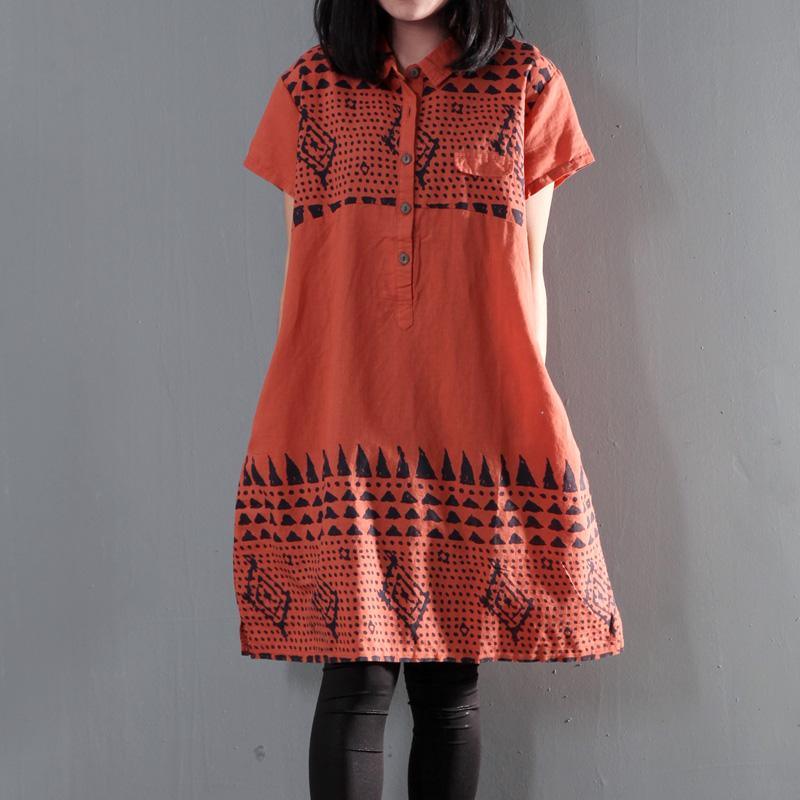 Orange print floral linen shift dress summer shirt dresses plus size
