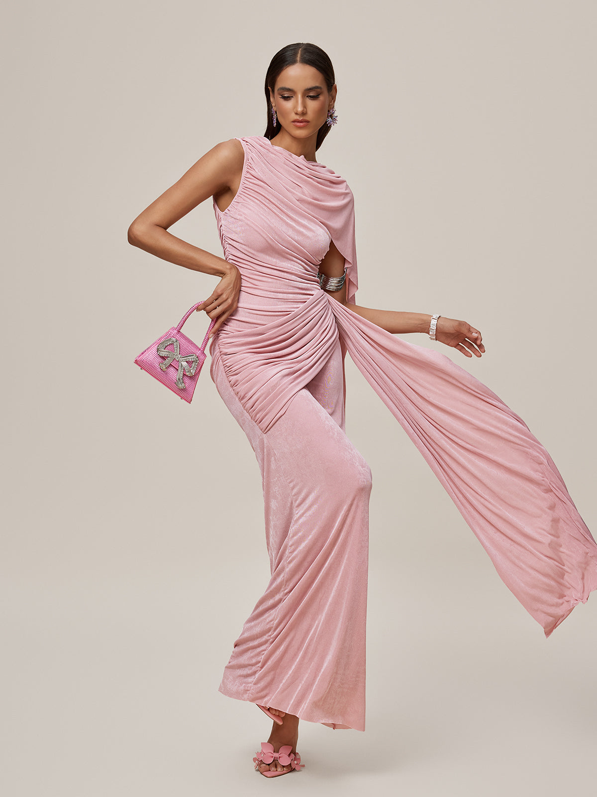 Shawl Ruched Draped Maxi Dress