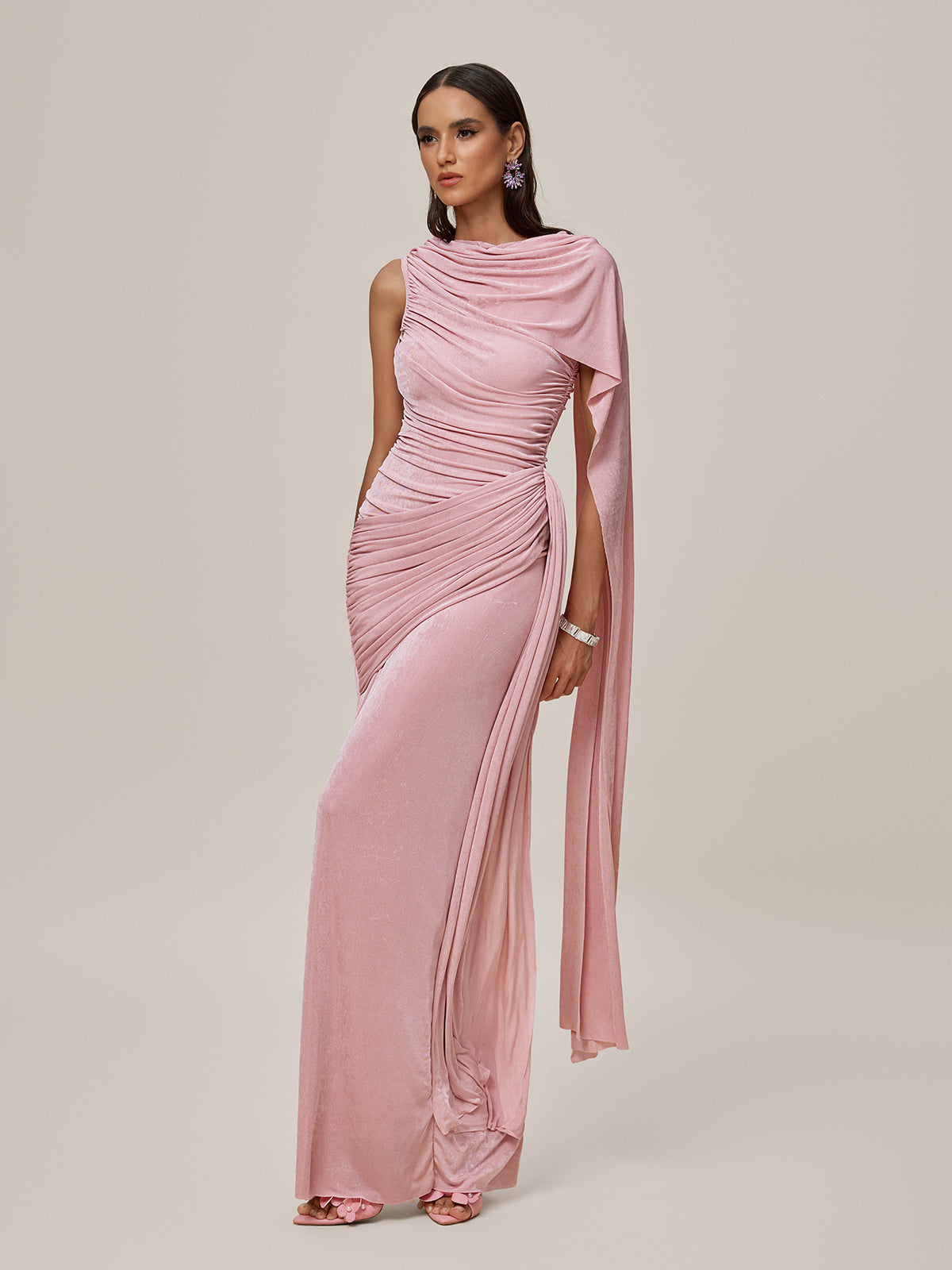 Shawl Ruched Draped Maxi Dress