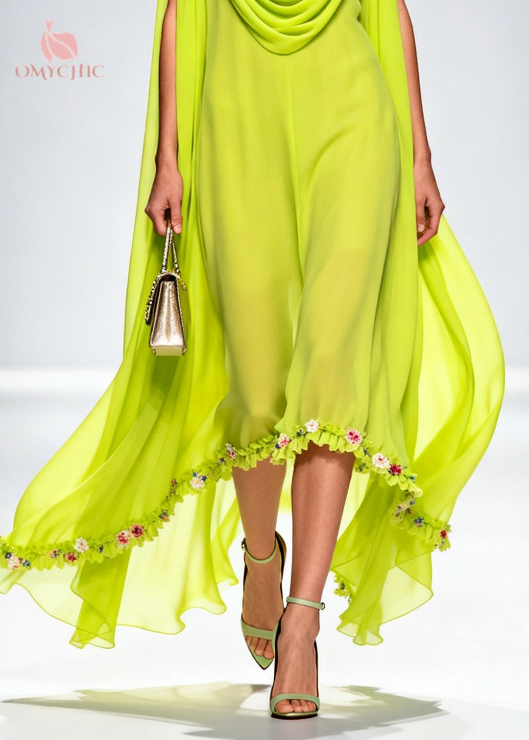 Organic Fluorescent Green Turtle Neck Floral Chiffon Long Dresses Summer