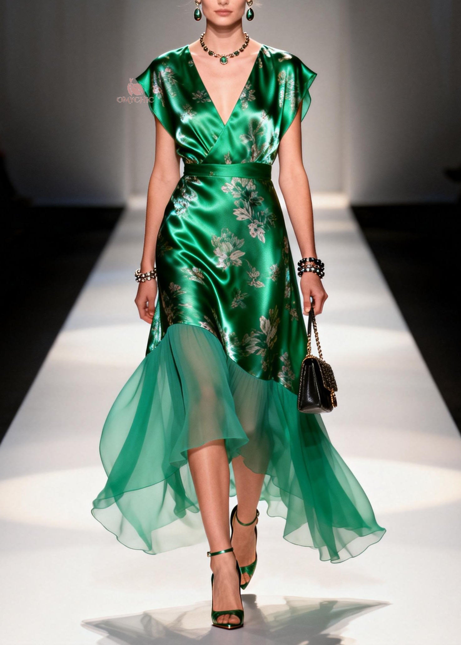 Organic Green V Neck Print Patchwork Silk Dresses Summer