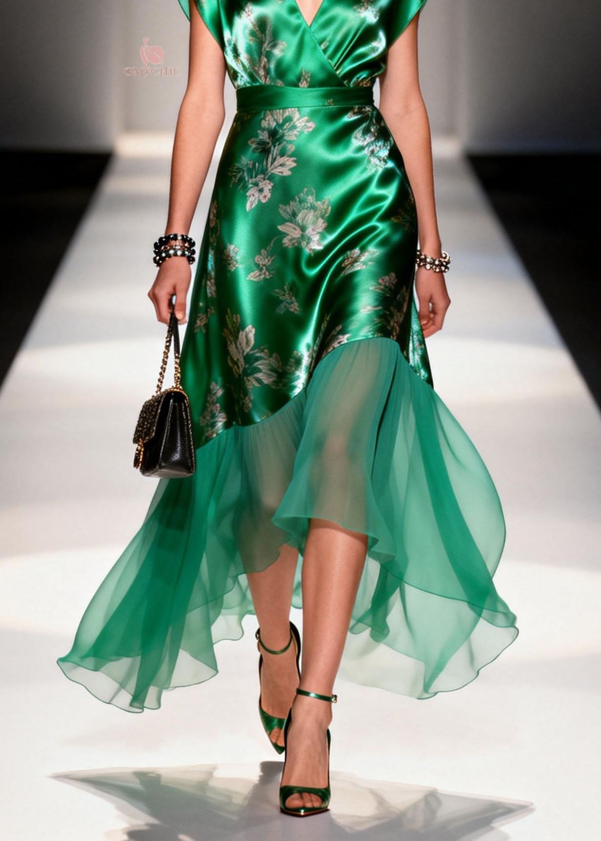 Organic Green V Neck Print Patchwork Silk Dresses Summer