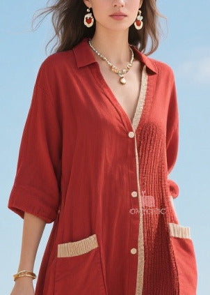 Organic Red Asymmetrical Patchwork Cotton Maxi Dresses Half Sleeve