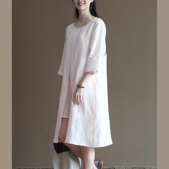 Original design pink linen sundress summer half sleeve dresses