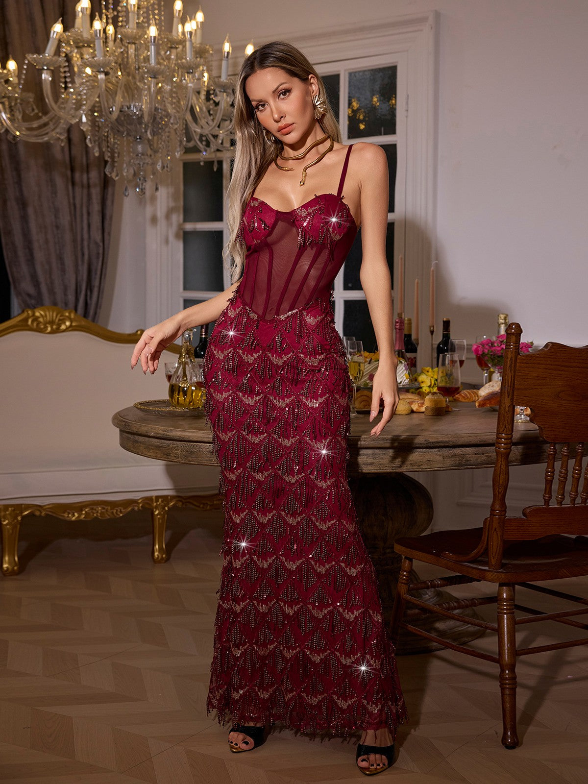 Sequin Fringe Maxi Dress In Red
