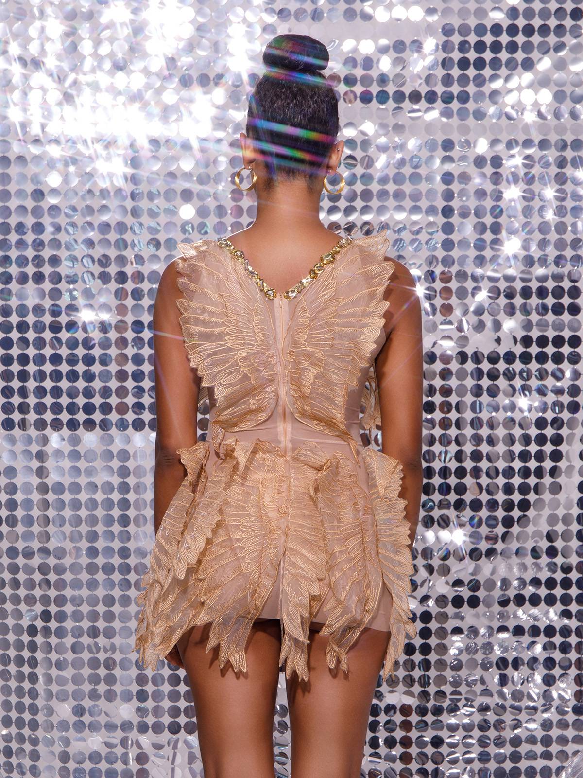 Crystal Strap Feather Applique Embellished Bodycon Mini Dress