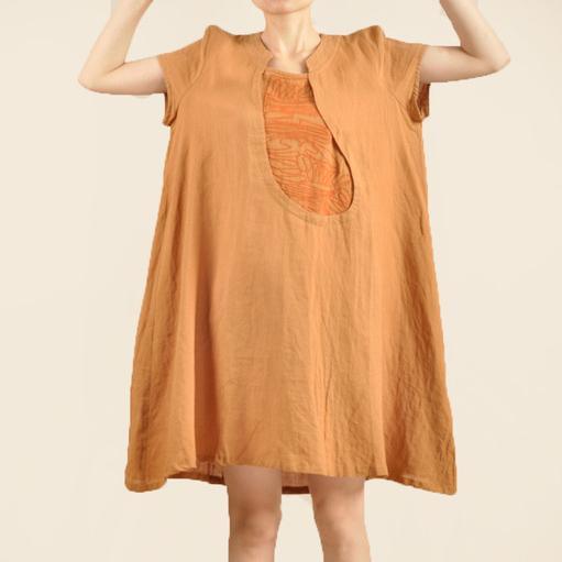 Oversize yellow cotton sundress linen shirt dress short sleeve