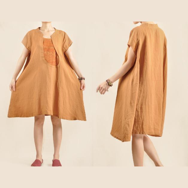 Oversize yellow cotton sundress linen shirt dress short sleeve