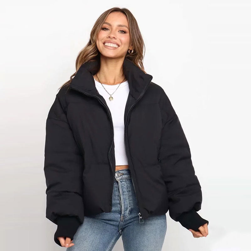 Black Stand Collar Zip Front Side Pocket Oversized Puffer Jacket