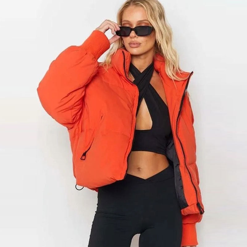 Burnt Orange Stand Collar Zip Front Side Pocket Oversized Puffer Jacket