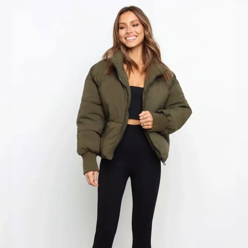 Army Green Stand Collar Zip Front Oversized Cropped Puffer Jacket