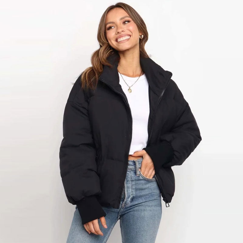 Black Stand Collar Zip Front Side Pocket Oversized Puffer Jacket