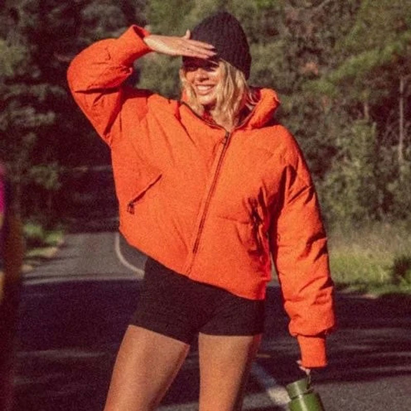 Burnt Orange Stand Collar Zip Front Side Pocket Oversized Puffer Jacket