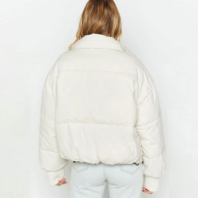 White Stand Collar Zip Front Long Sleeve Puffer Jacket