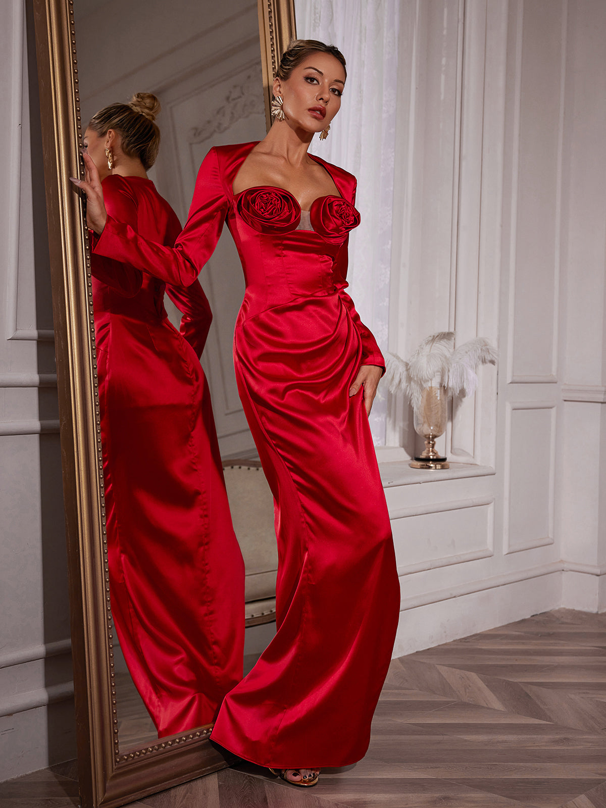 Long Sleeve Flower Satin Dress