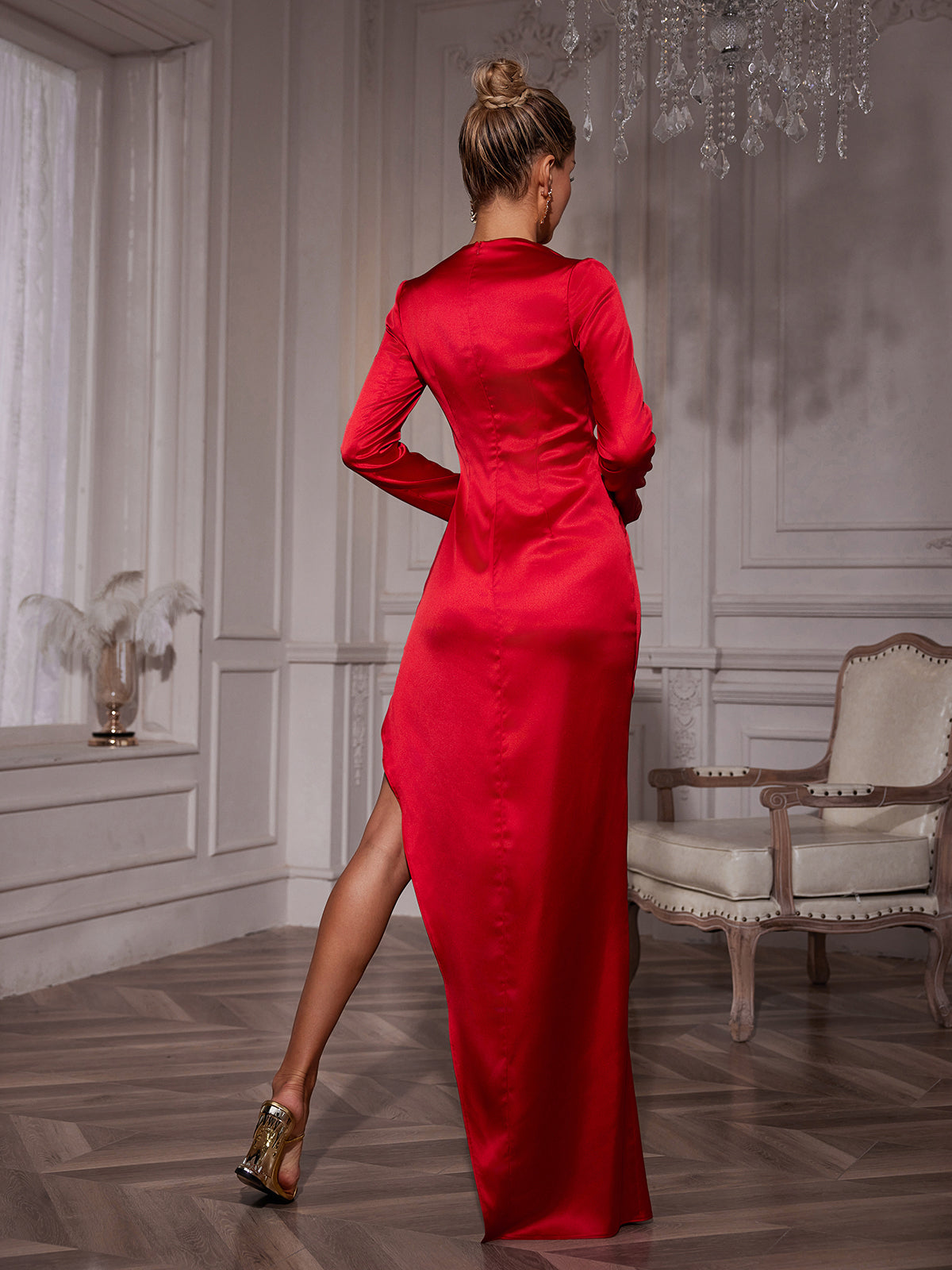 Long Sleeve Flower Satin Dress
