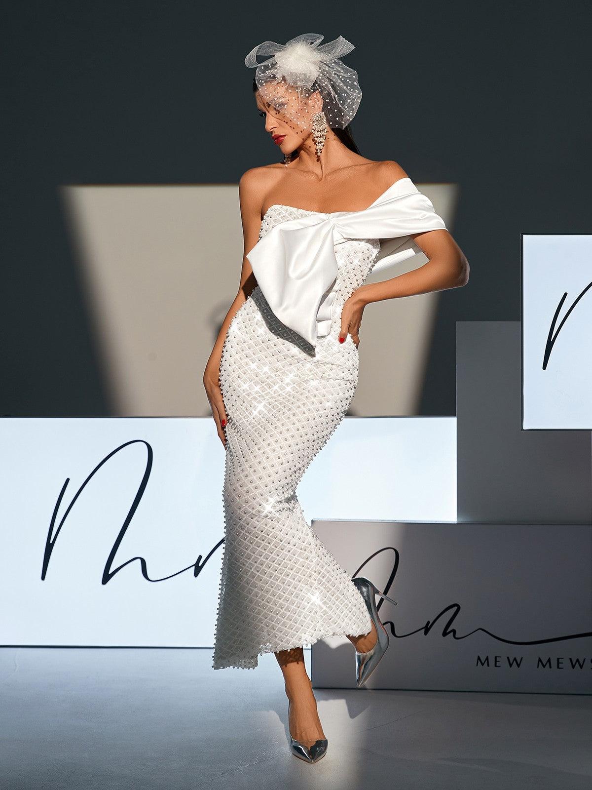 Strapless Bow Pearl Embellished Maxi Dress