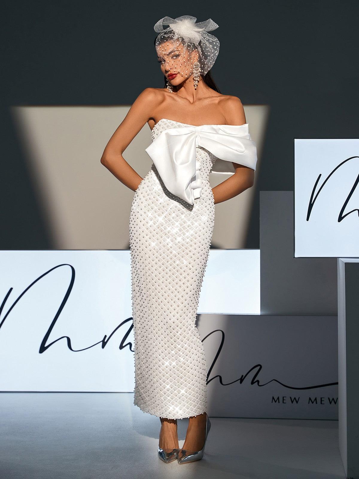 Strapless Bow Pearl Embellished Maxi Dress