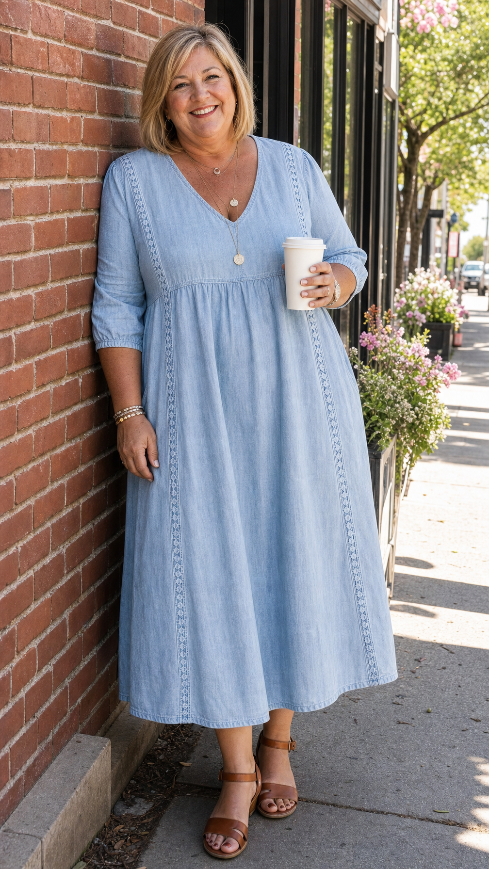 Square Neck Striped Button Long Sleeve Empire Maxi Dress