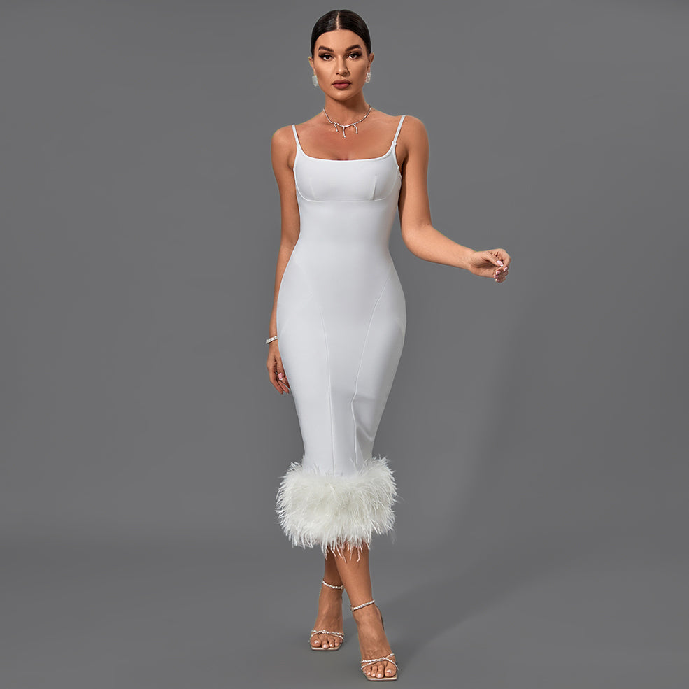 White Strappy Feather Midi Bandage Dress