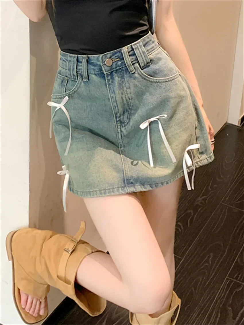 Chic Denim Bow Detail Skirt