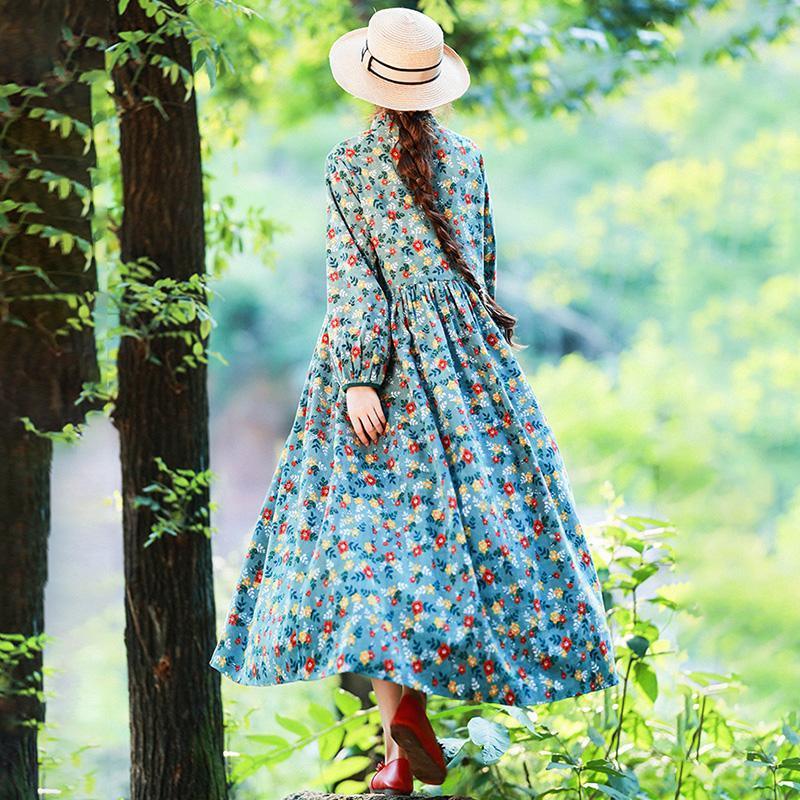 Retro Corduroy Floral Casual Draped Dress ( Limited Stock)