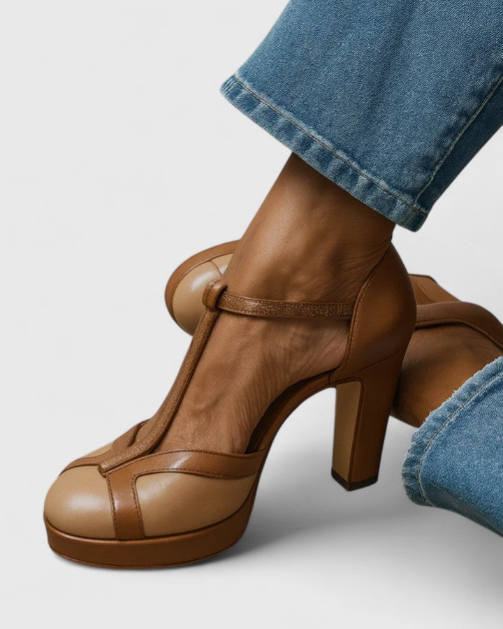 Brown Round Toe T-Strap Platform Block Heel Pumps