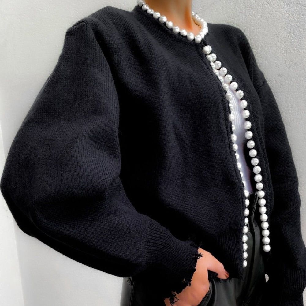 Round Neck Pearl Trim Long Sleeve Knit Cardigan