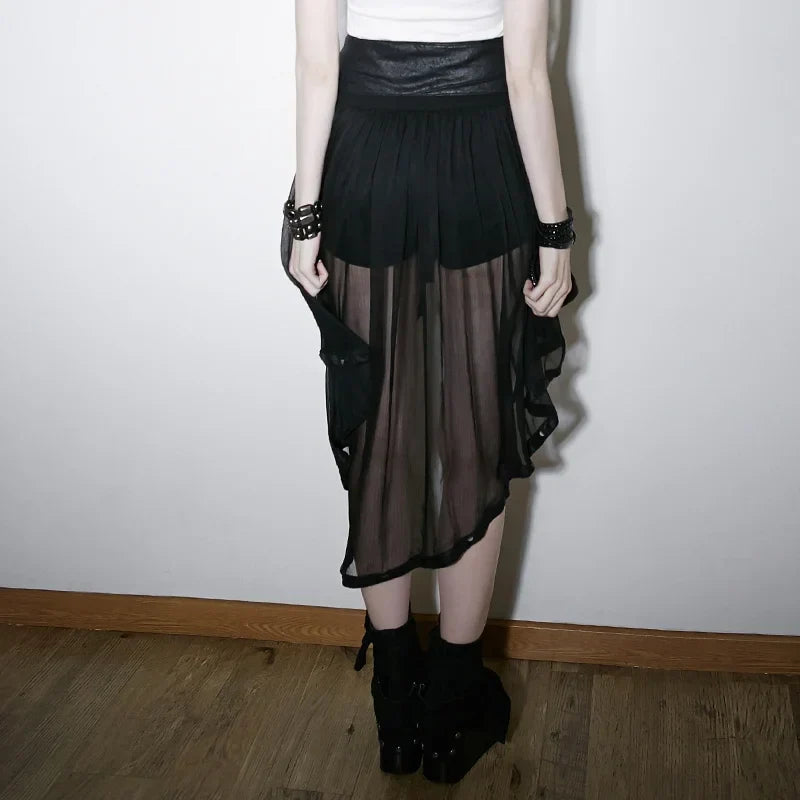 Military Style Knit Chiffon Culottes for Women Black Fashion Sexy Hollow Out KneeLength Skirt