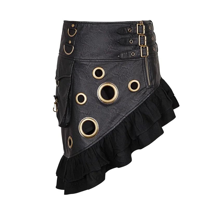 Steam Flounce Kilt Texture Coarsegrain PU Leather Symmetrical Rock Vintage Knee Length Party Skirt